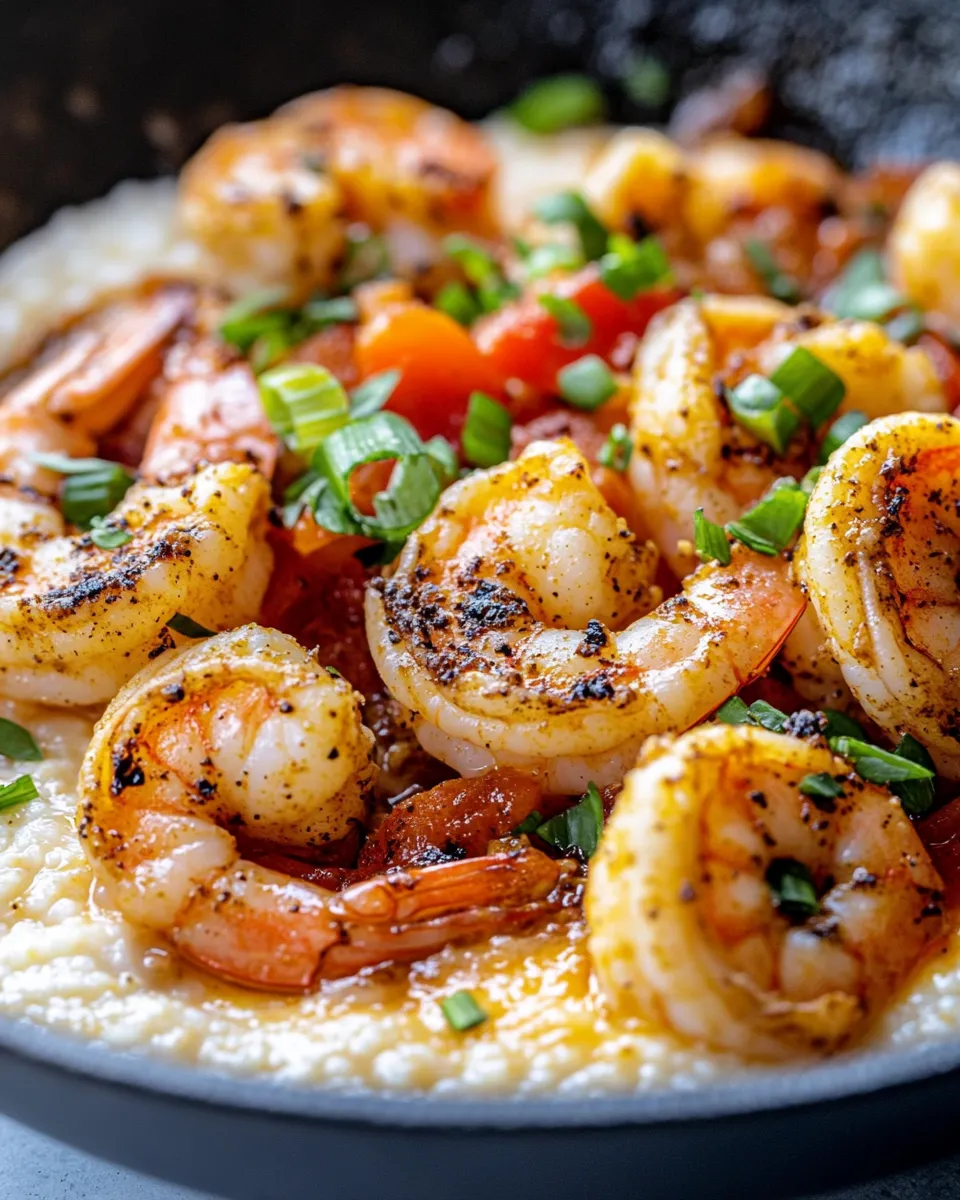 Delicious Creamy Cajun Shrimp & Grits Skillet food shot