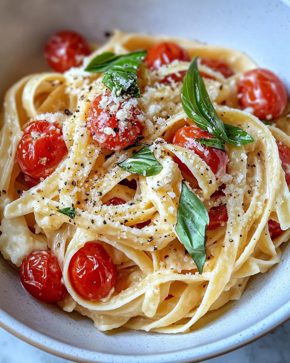 Easy Creamy Mascarpone Tomato Pasta with Basil food shot