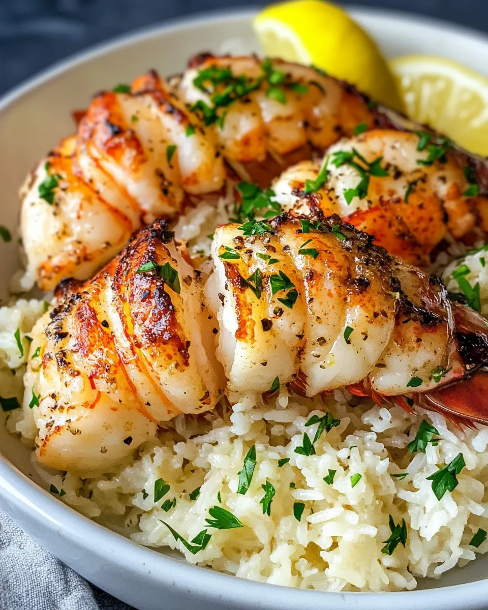 Homemade Garlic Butter Lobster Tails with Parmesan Rice food shot
