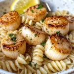Homemade Garlic Butter Scallops over Fusilli recipe photo