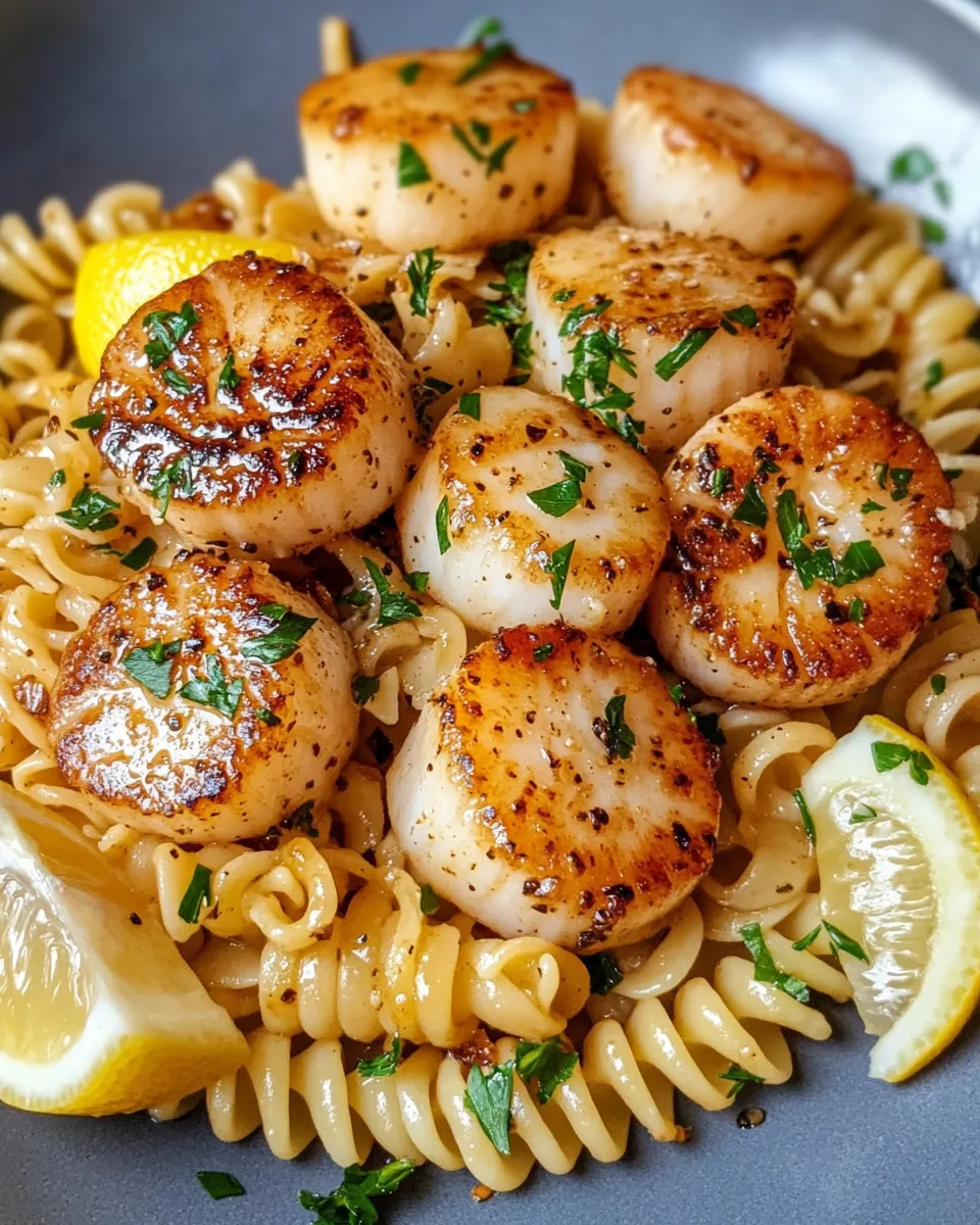 Classic Garlic Butter Scallops over Fusilli dish photo
