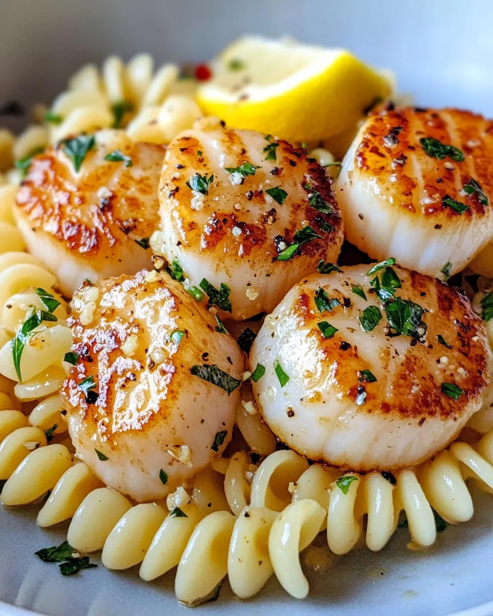 Easy Garlic Butter Scallops over Fusilli food shot