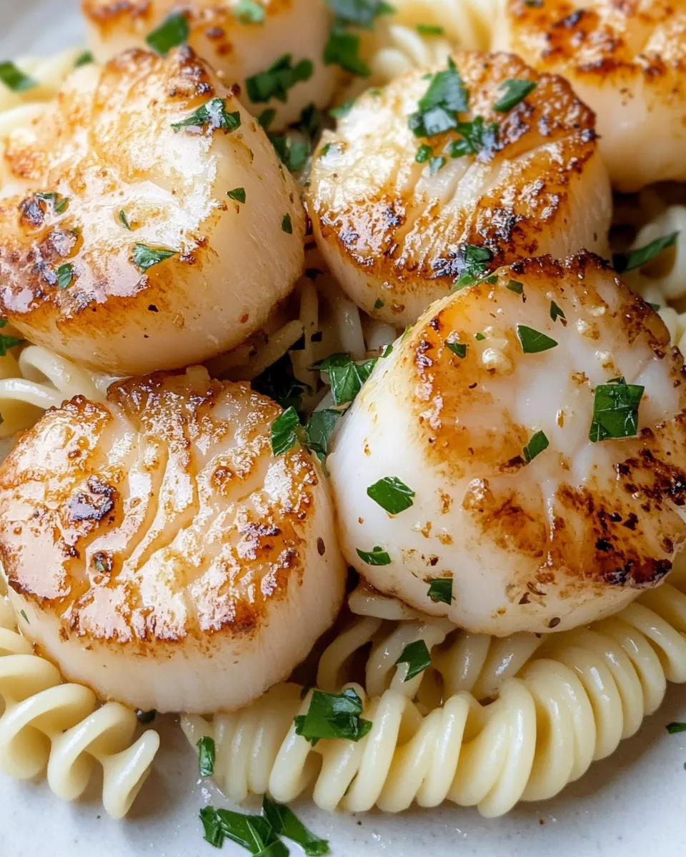 Delicious Garlic Butter Scallops over Fusilli plate image