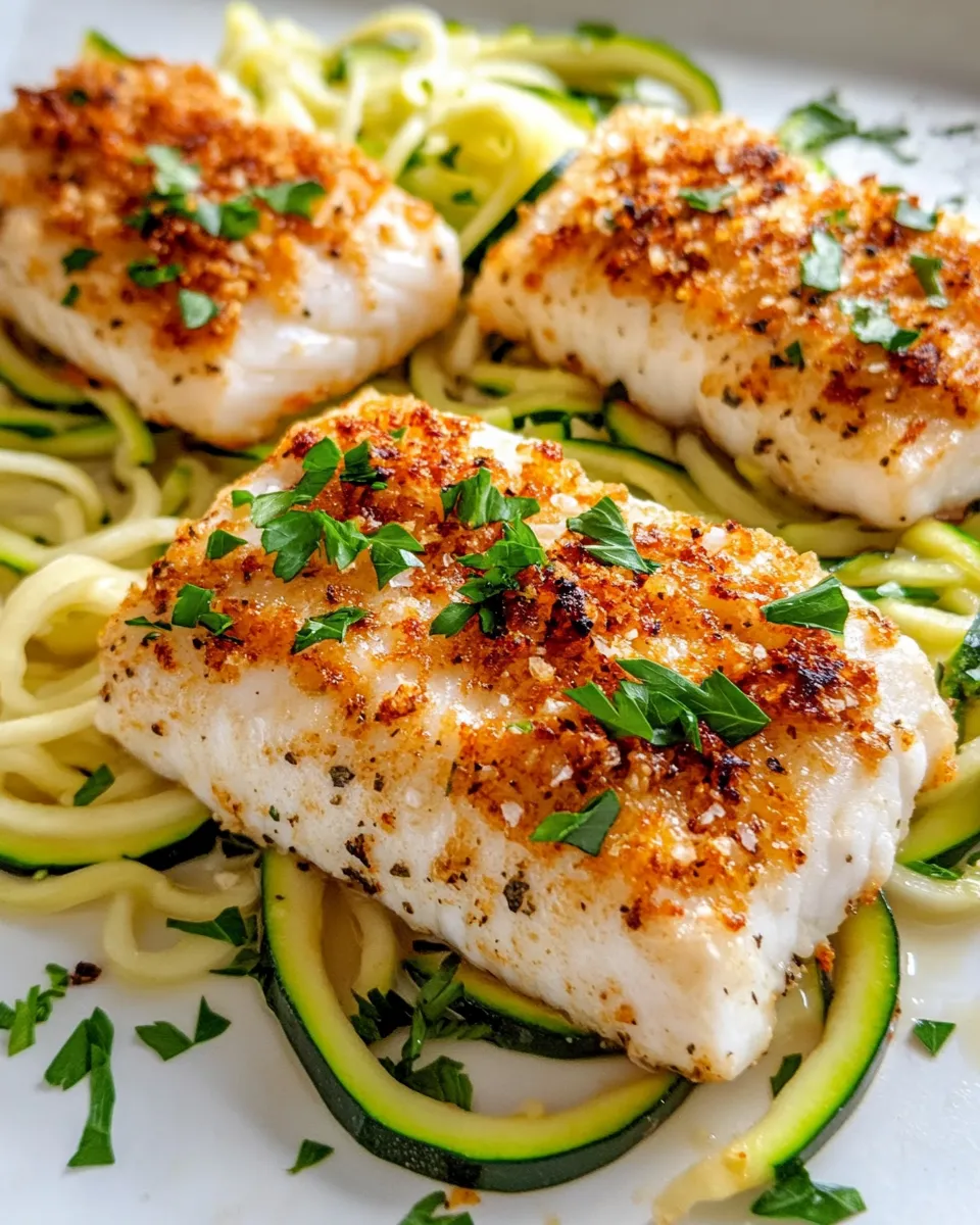 Homemade Garlic Parmesan Crusted White Fish with Zucchini Noodles photo