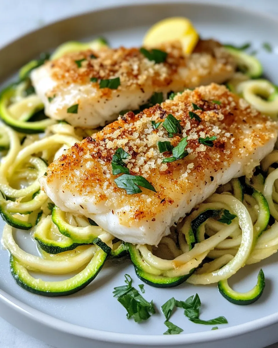 Delicious Garlic Parmesan Crusted White Fish with Zucchini Noodles dish photo
