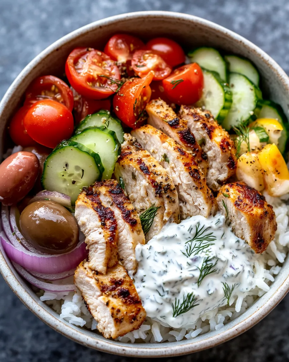 Easy Greek Chicken Bowls with Tzatziki & Rice food shot