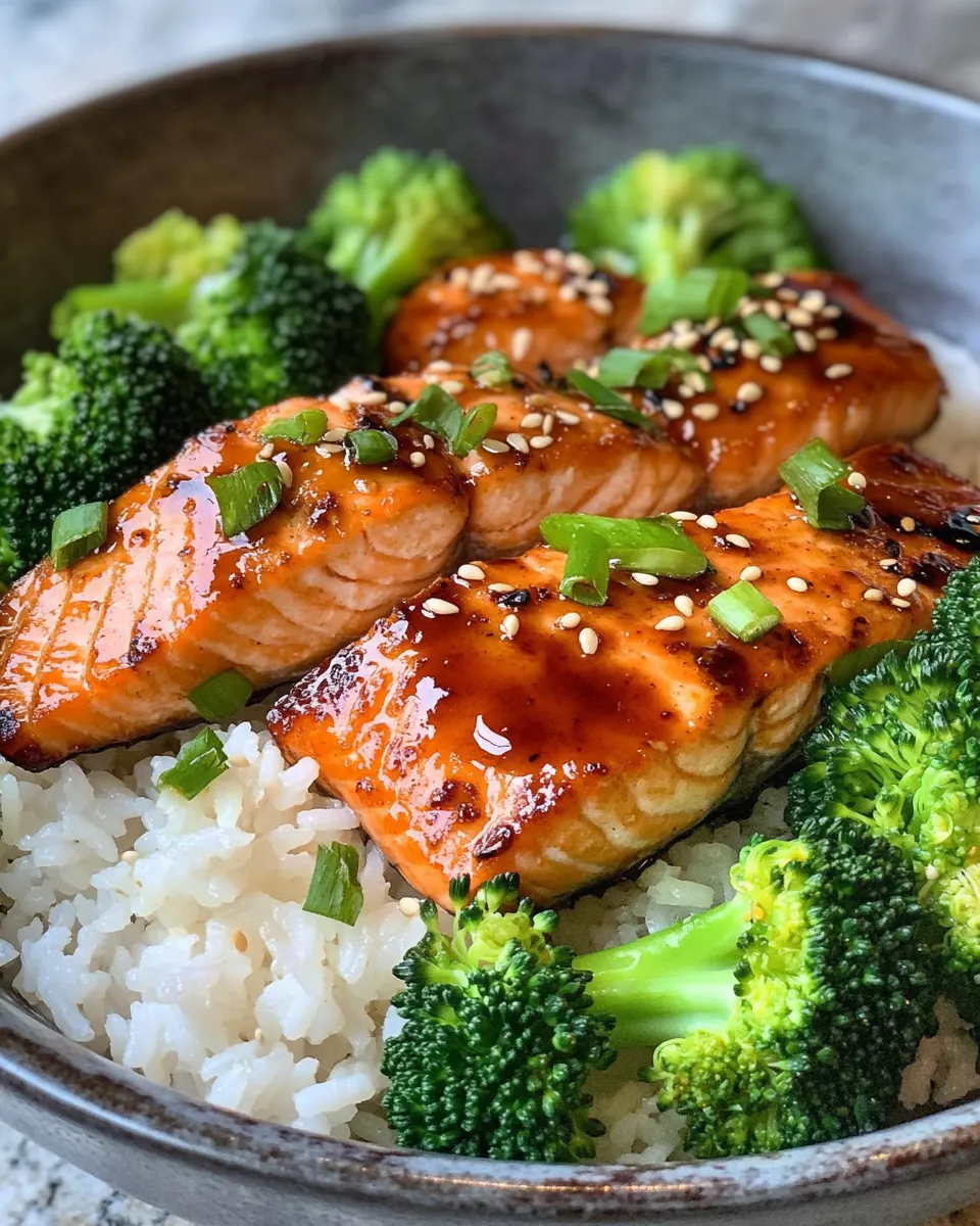 Healthy Honey Garlic Salmon Rice Bowls with Broccoli recipe image