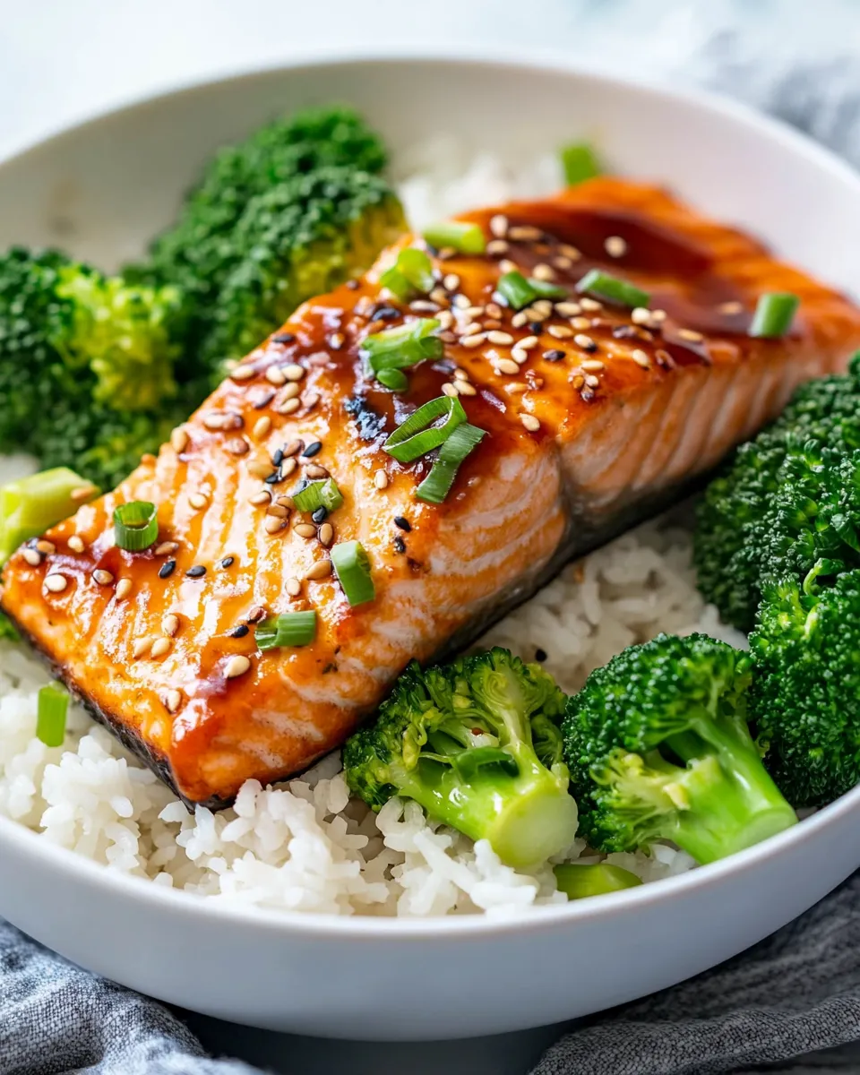 Quick Honey Garlic Salmon Rice Bowls with Broccoli food shot