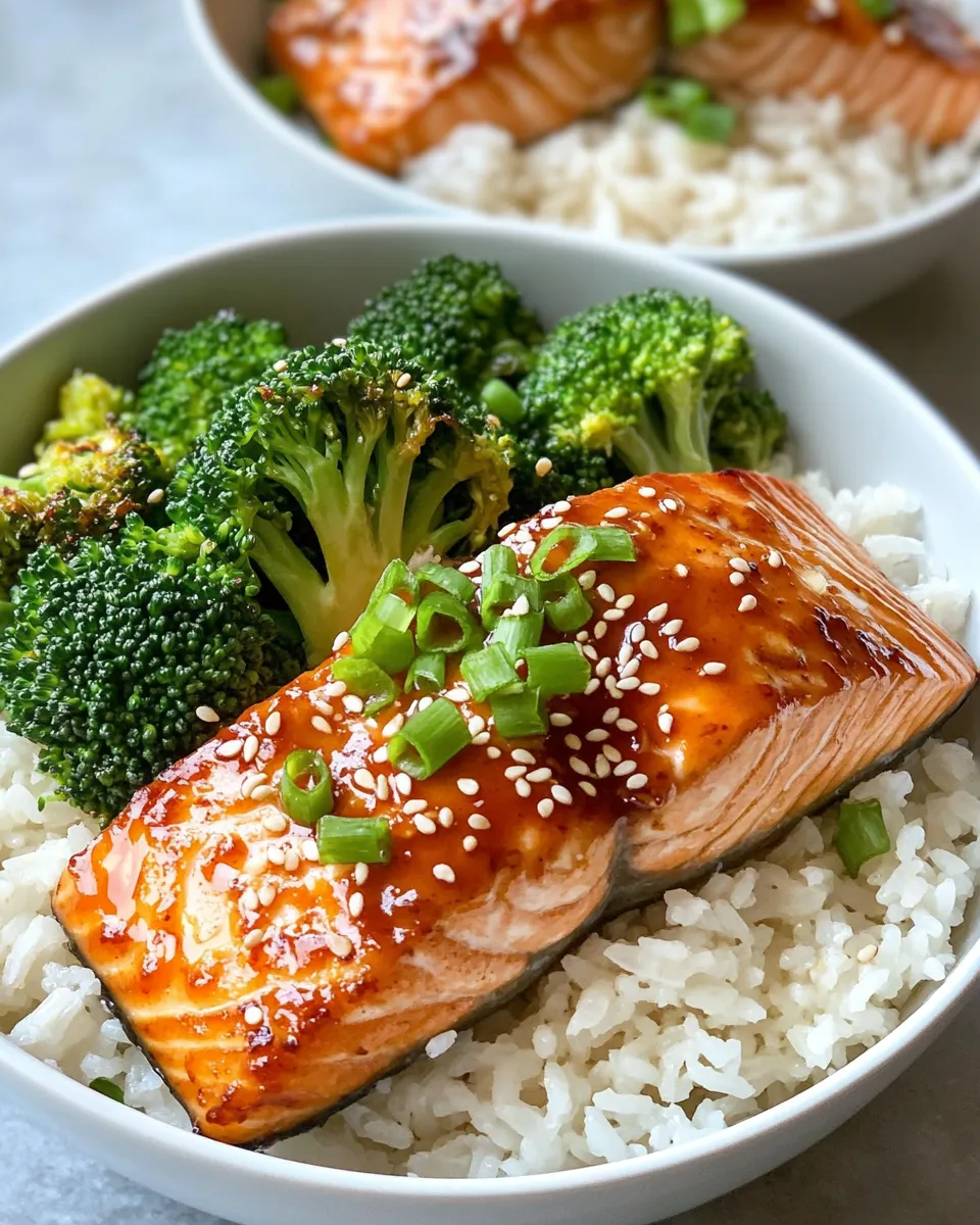 Simple Honey Garlic Salmon Rice Bowls with Broccoli plate image