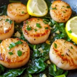 Homemade Lemon Butter Scallops on Wilted Spinach dish photo