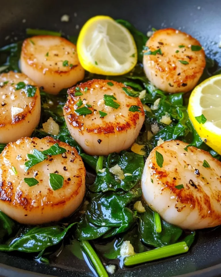 Homemade Lemon Butter Scallops on Wilted Spinach dish photo