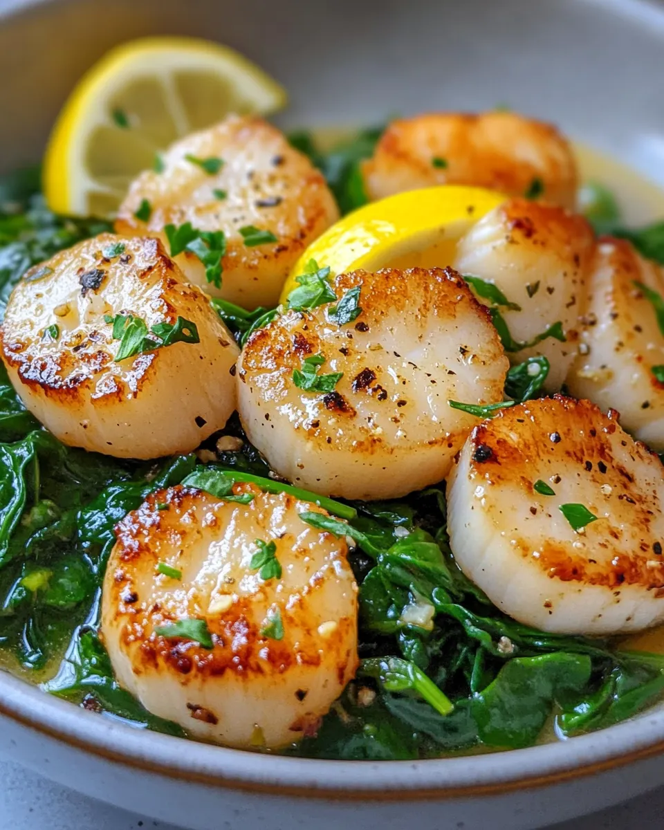 Classic Lemon Butter Scallops on Wilted Spinach recipe image