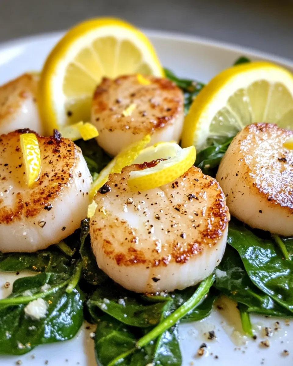 Easy Lemon Butter Scallops on Wilted Spinach food shot