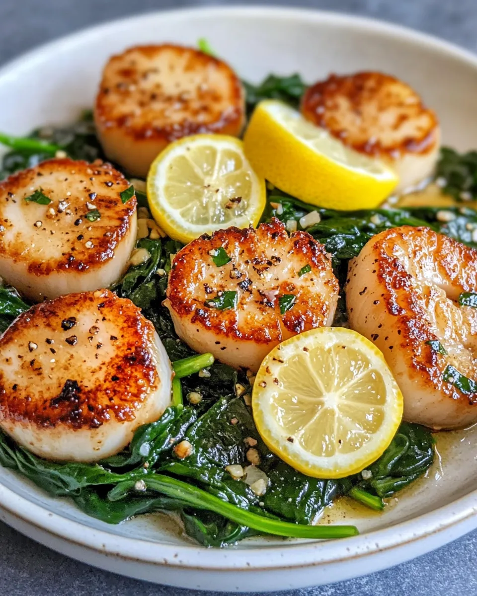 Delicious Lemon Butter Scallops on Wilted Spinach photo