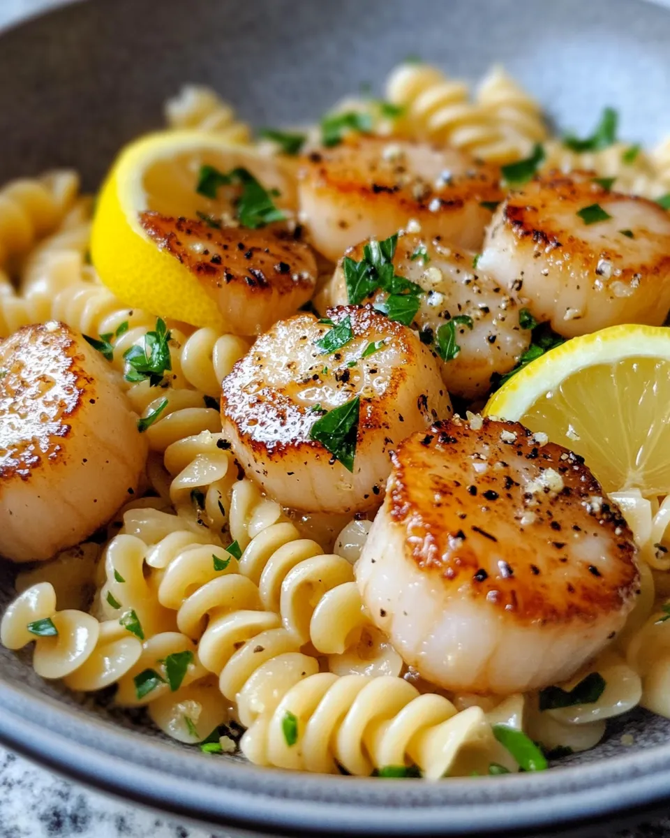 Homemade Lemon Garlic Butter Scallops over Fusilli recipe photo