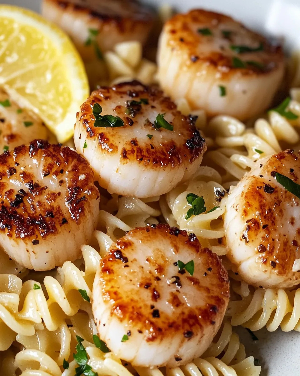 Easy Lemon Garlic Butter Scallops over Fusilli food shot