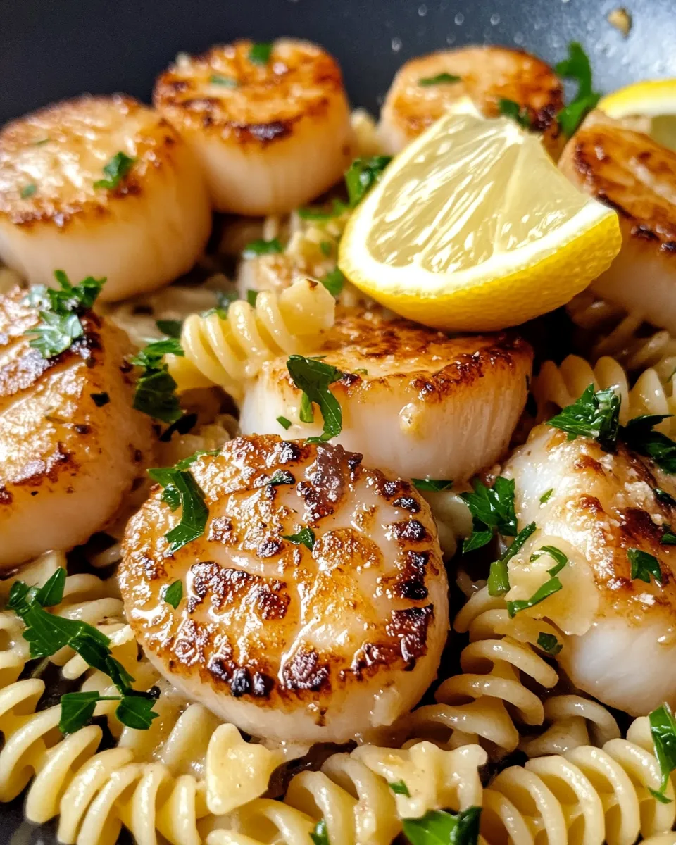 Delicious Lemon Garlic Butter Scallops over Fusilli plate image