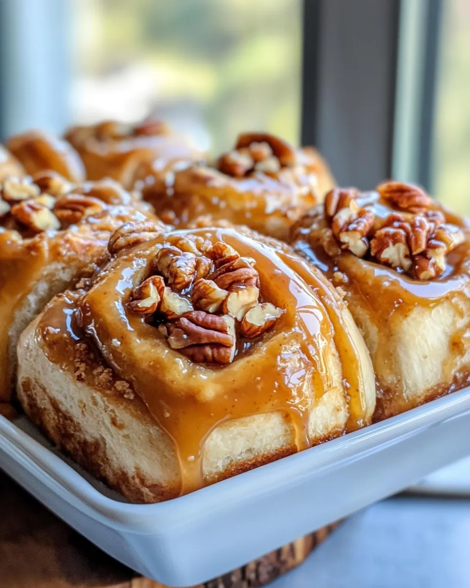 Delicious Maple Pecan Sticky Buns with Caramel Glaze food shot