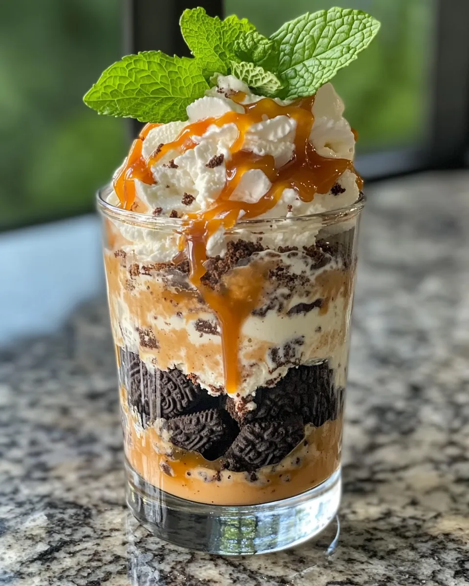 Homemade Mint-Oreo Ice Cream Parfaits with Caramel Sauce photo