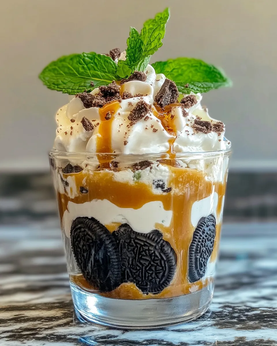 Classic Mint-Oreo Ice Cream Parfaits with Caramel Sauce image