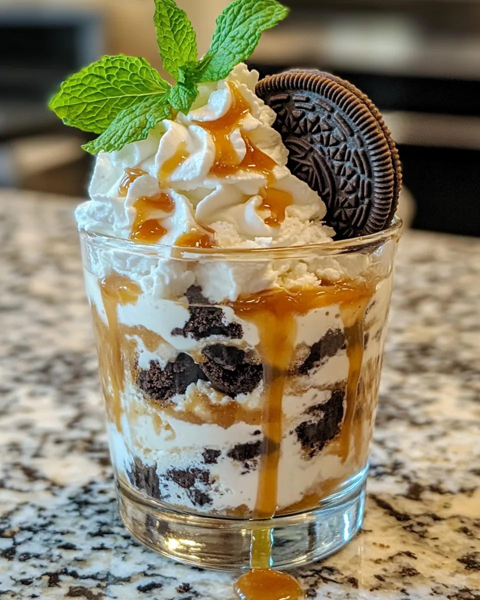 Easy Mint-Oreo Ice Cream Parfaits with Caramel Sauce recipe image