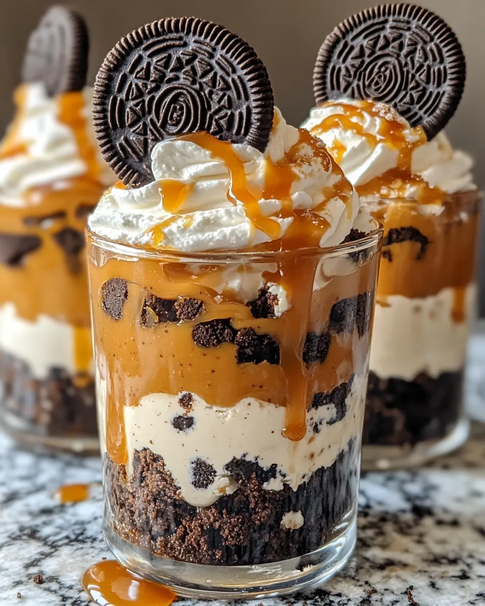 Homemade No-Bake Oreo Cheesecake Parfaits with Caramel photo