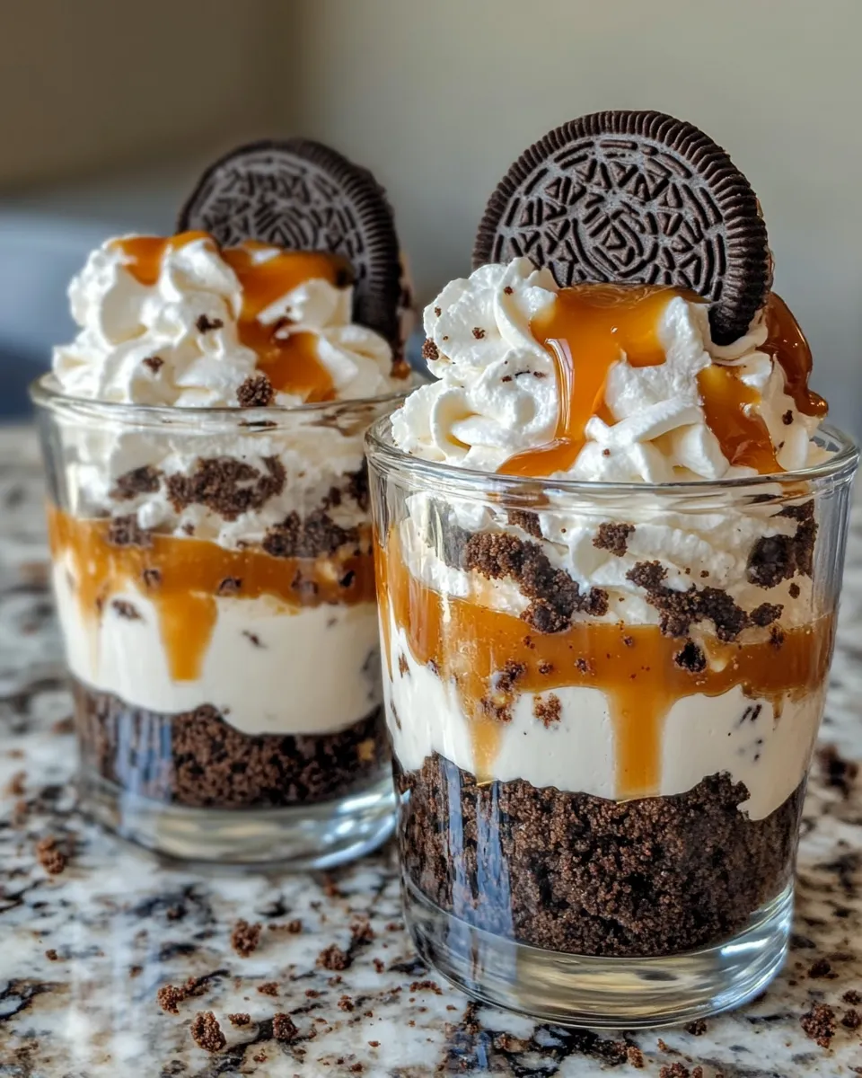 Easy No-Bake Oreo Cheesecake Parfaits with Caramel recipe image