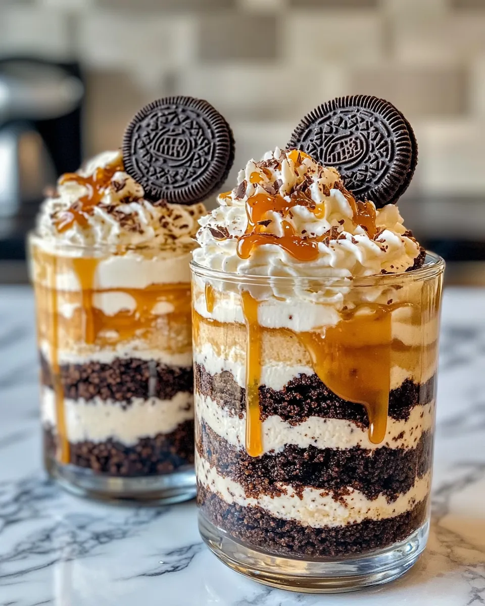 Delicious No-Bake Oreo Cheesecake Parfaits with Caramel dish photo