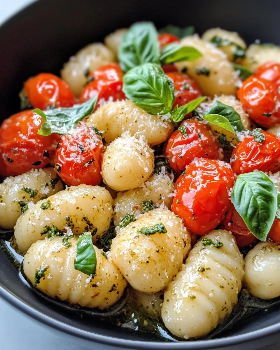 Homemade One-Pot Creamy Pesto Gnocchi with Roasted Tomatoes photo