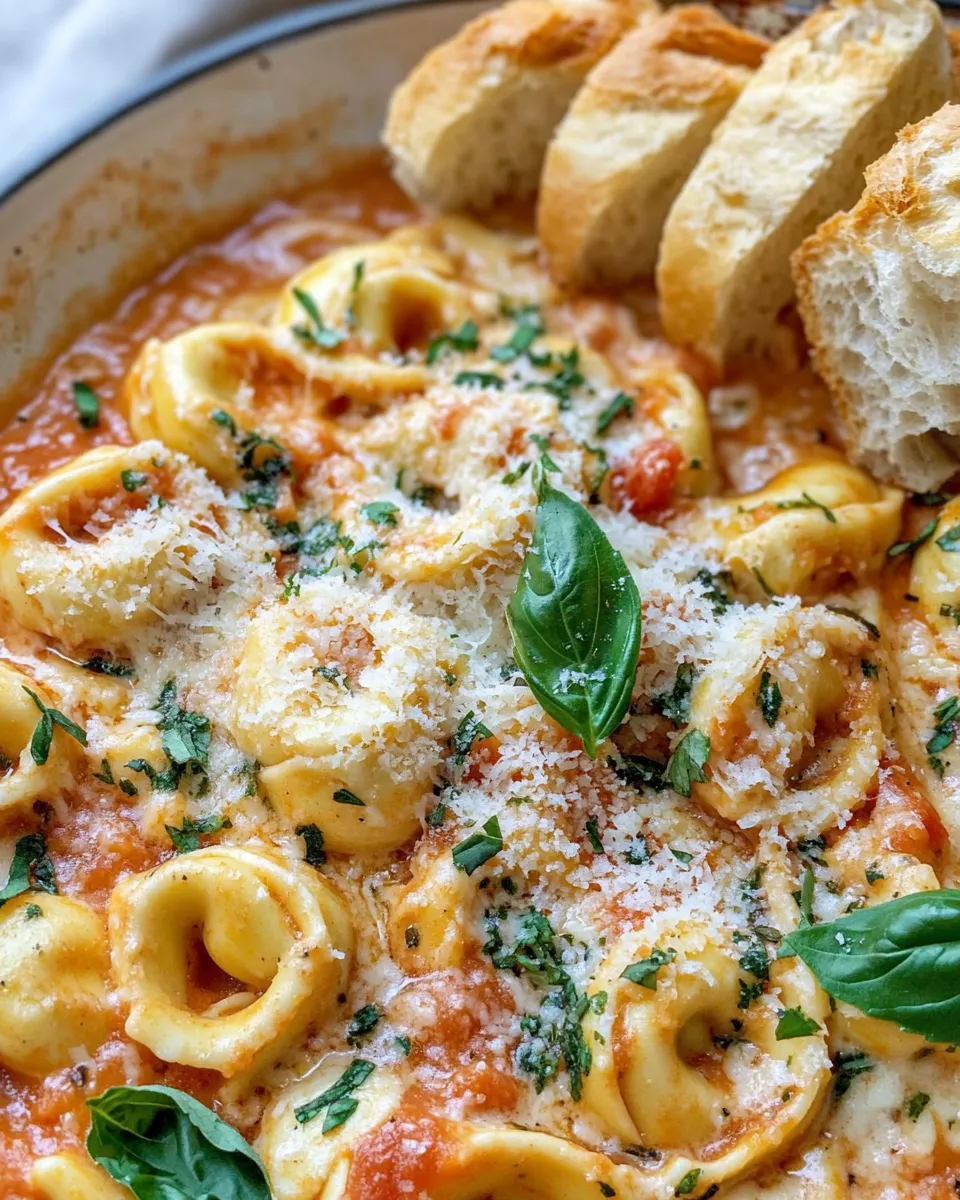 Homemade One-Pot Creamy Tomato Basil Tortellini with Garlic Bread photo