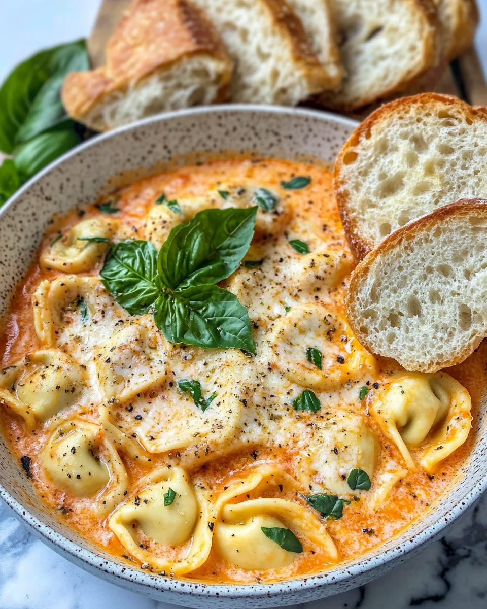 Classic One-Pot Creamy Tomato Basil Tortellini with Garlic Bread dish photo