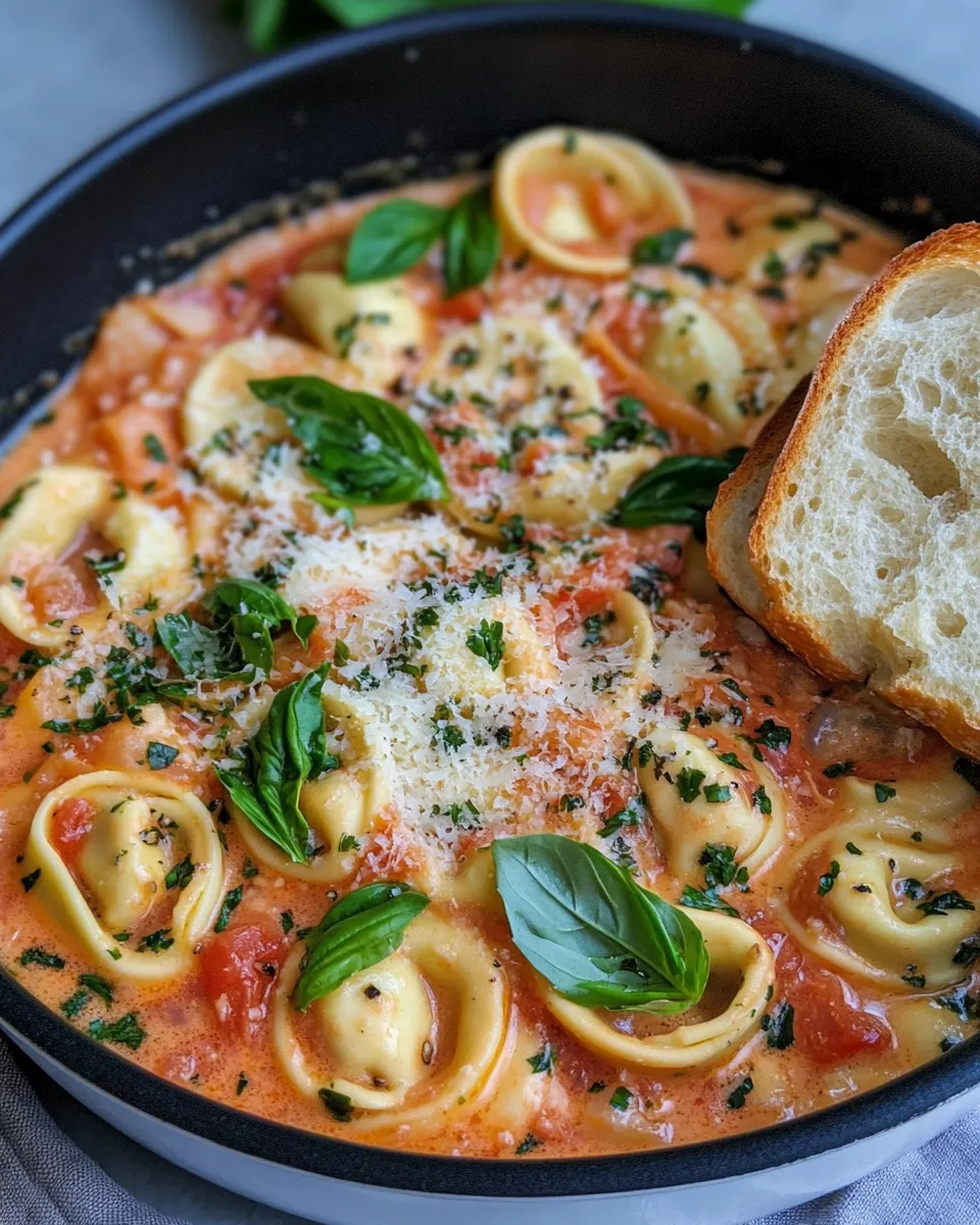 Delicious One-Pot Creamy Tomato Basil Tortellini with Garlic Bread food shot