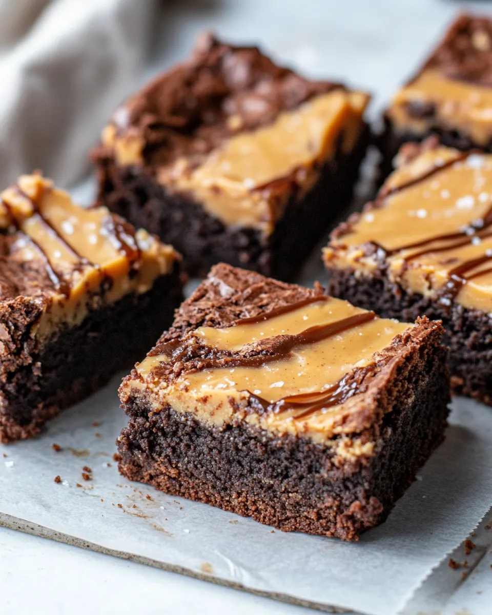 Delicious Peanut Butter Brownies with Caramel Swirl food shot