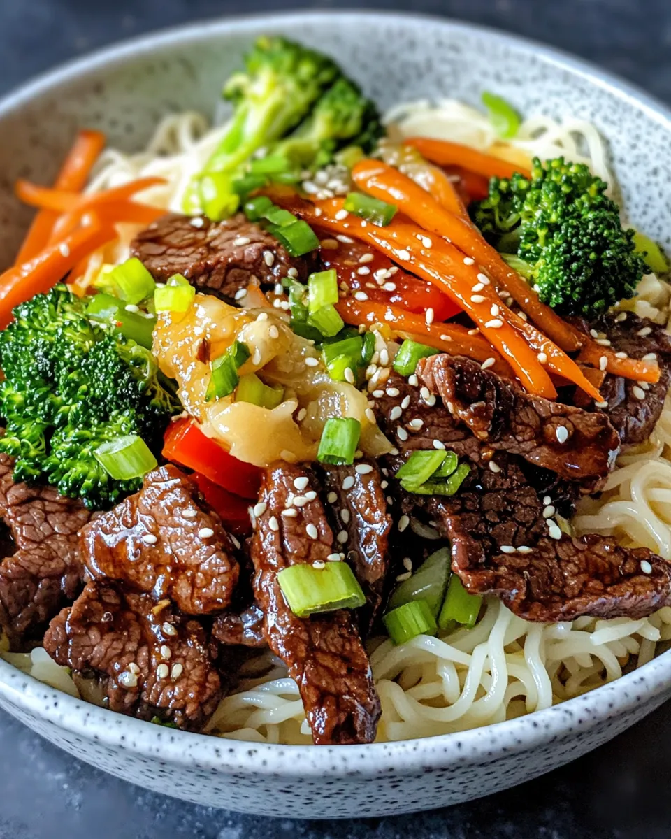 Delicious Sesame Ginger Beef Noodle Bowls food shot