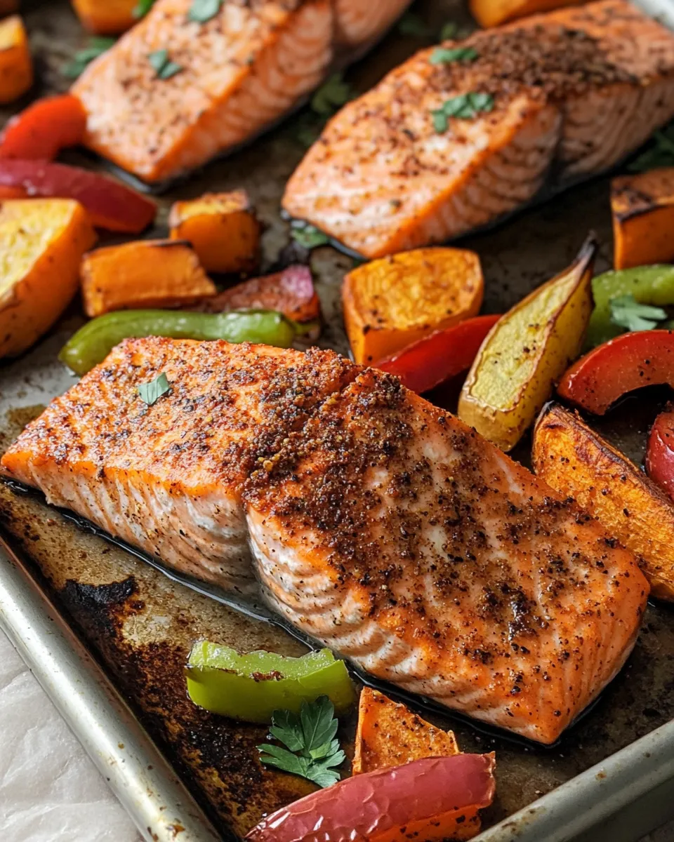 Amazing Sheet-Pan Cajun Salmon & Sweet Potato Wedges food shot
