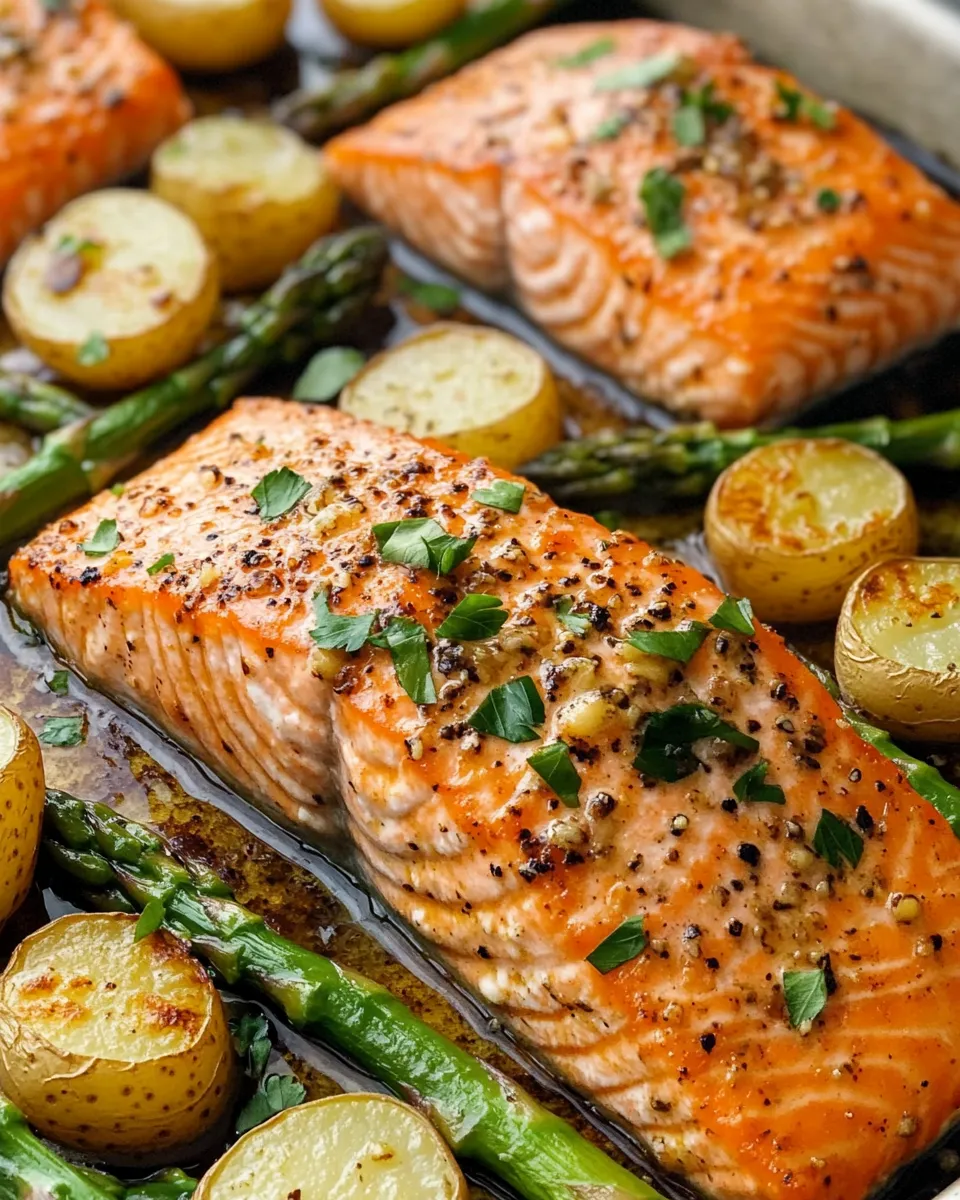 Delicious Sheet-Pan Honey Mustard Salmon & Veggies food shot