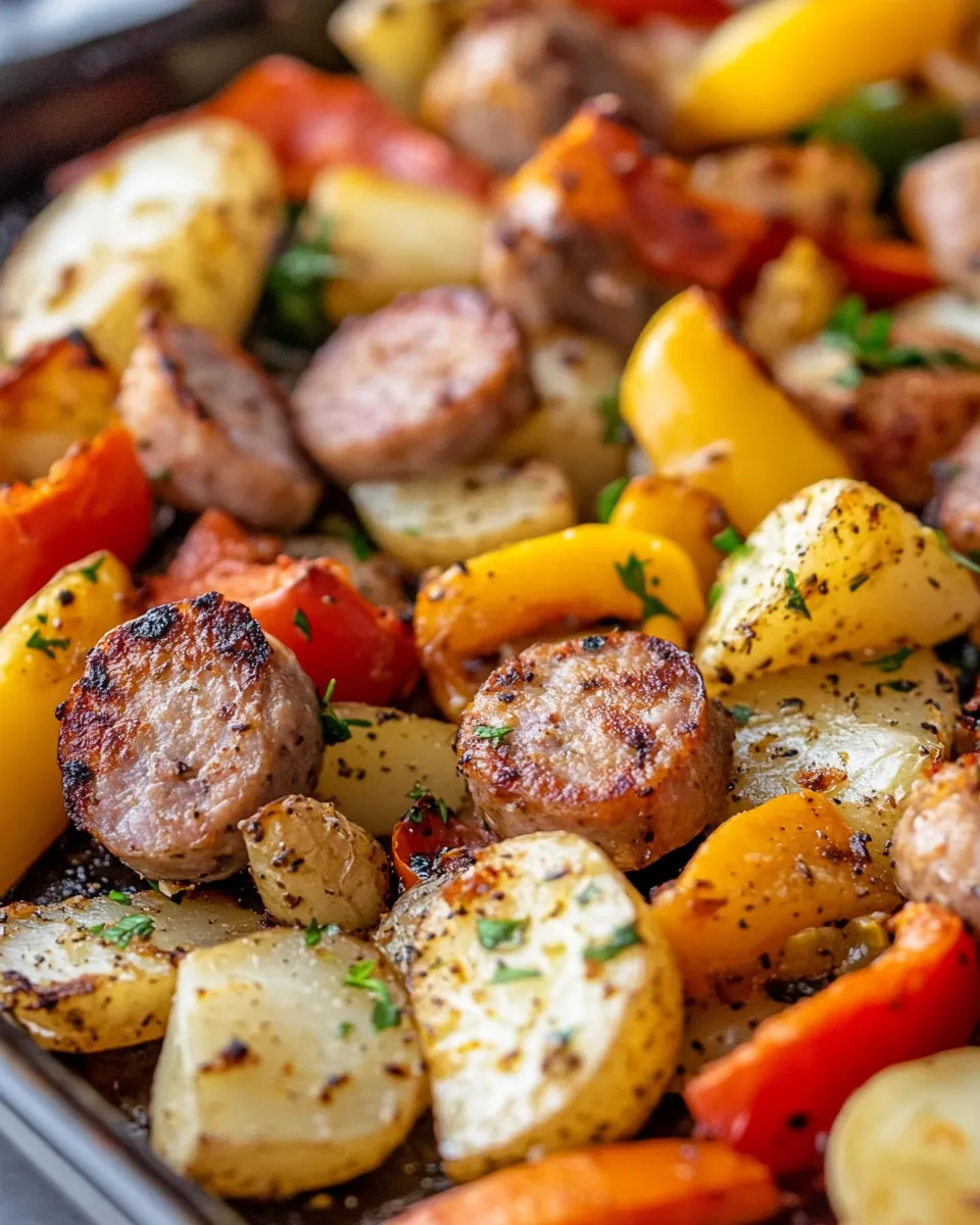 Easy Sheet-Pan Sausage, Potatoes & Peppers (chicken sausage version) food shot
