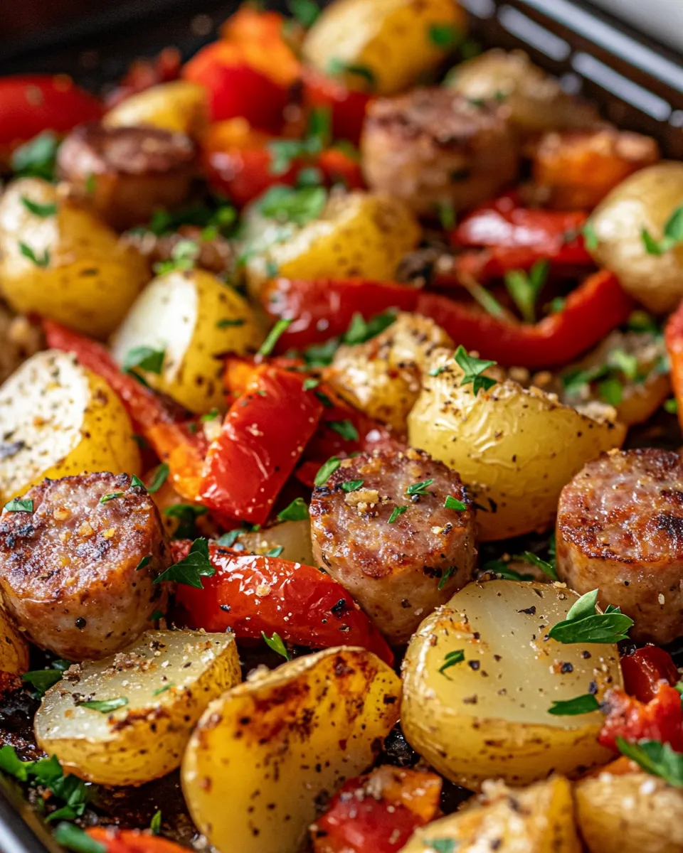 Delicious Sheet-Pan Sausage, Potatoes & Peppers (chicken sausage version) photo