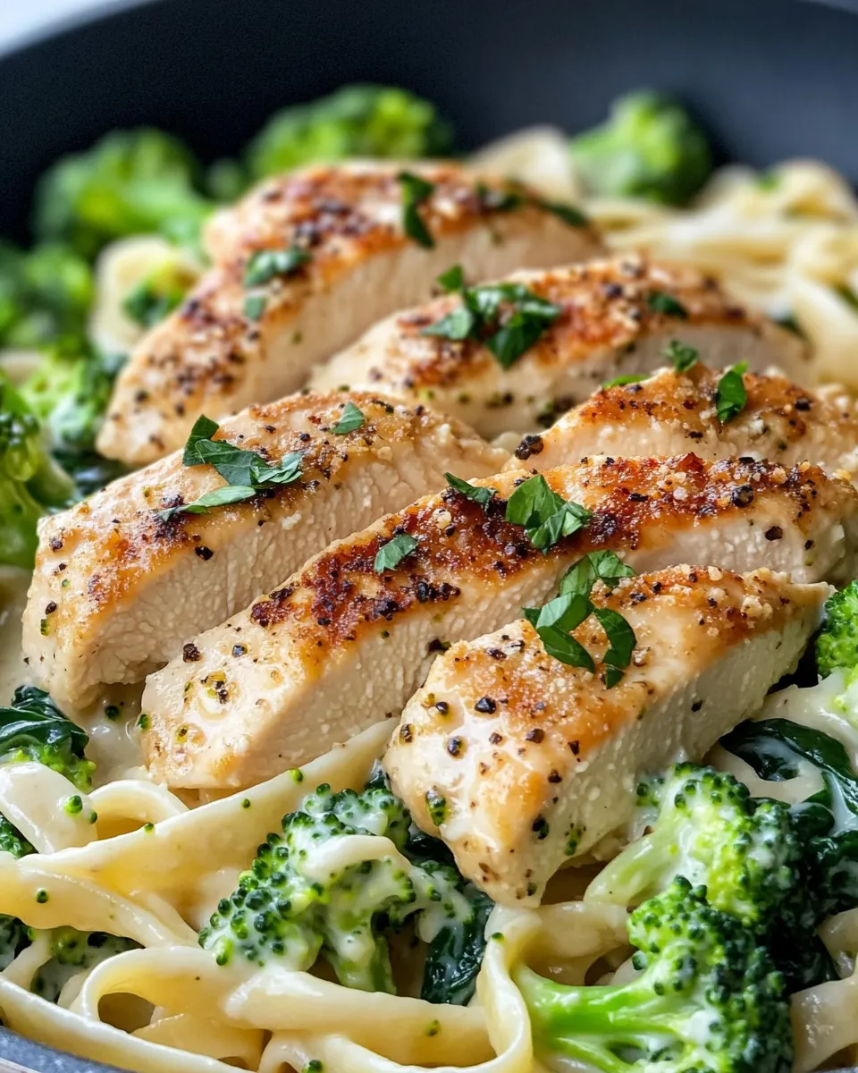 Easy Skillet Chicken Alfredo & Broccoli with Spinach food shot