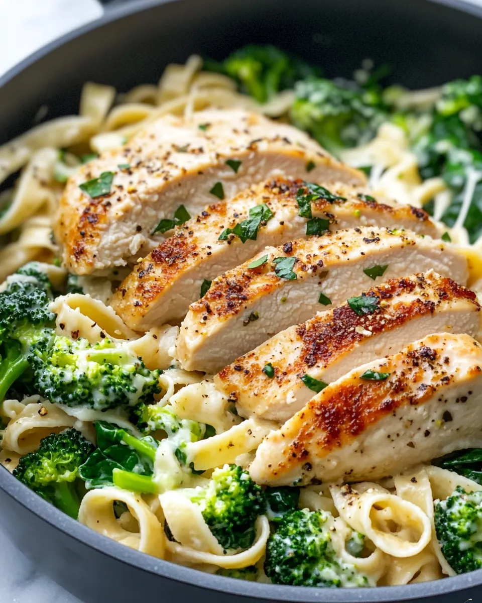 Delicious Skillet Chicken Alfredo & Broccoli with Spinach plate image
