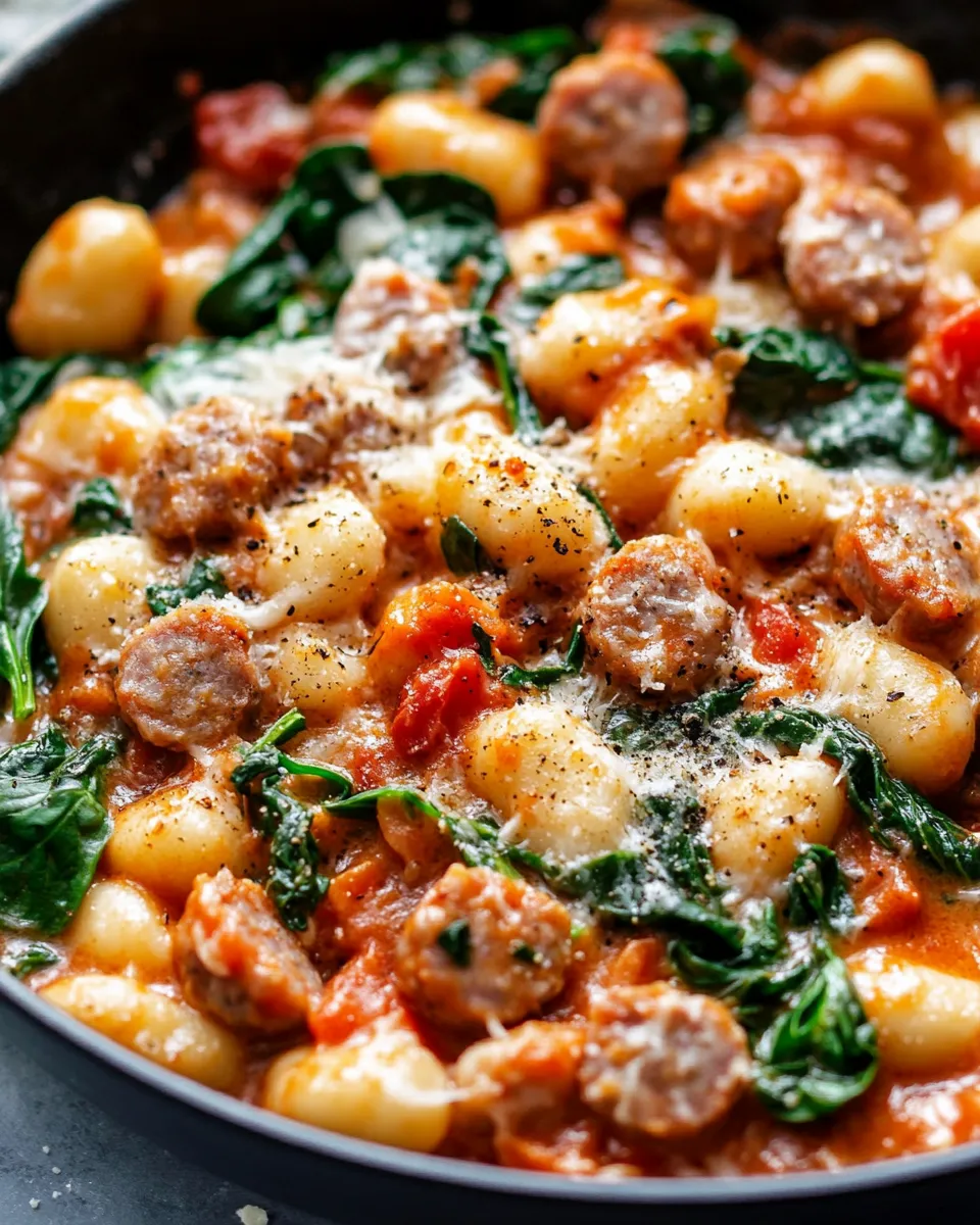 Easy Skillet Gnocchi with Sausage, Spinach & Tomato Cream food shot