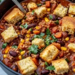 Homemade Skillet Vegetarian Chili with Cornbread Croutons photo