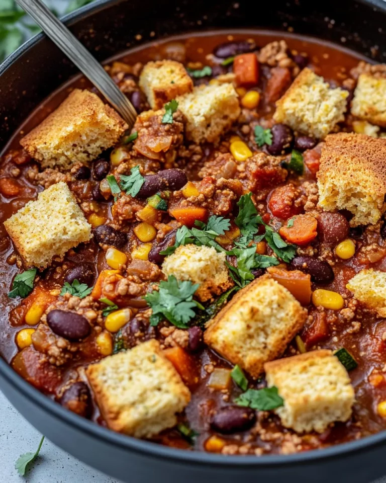 Homemade Skillet Vegetarian Chili with Cornbread Croutons photo