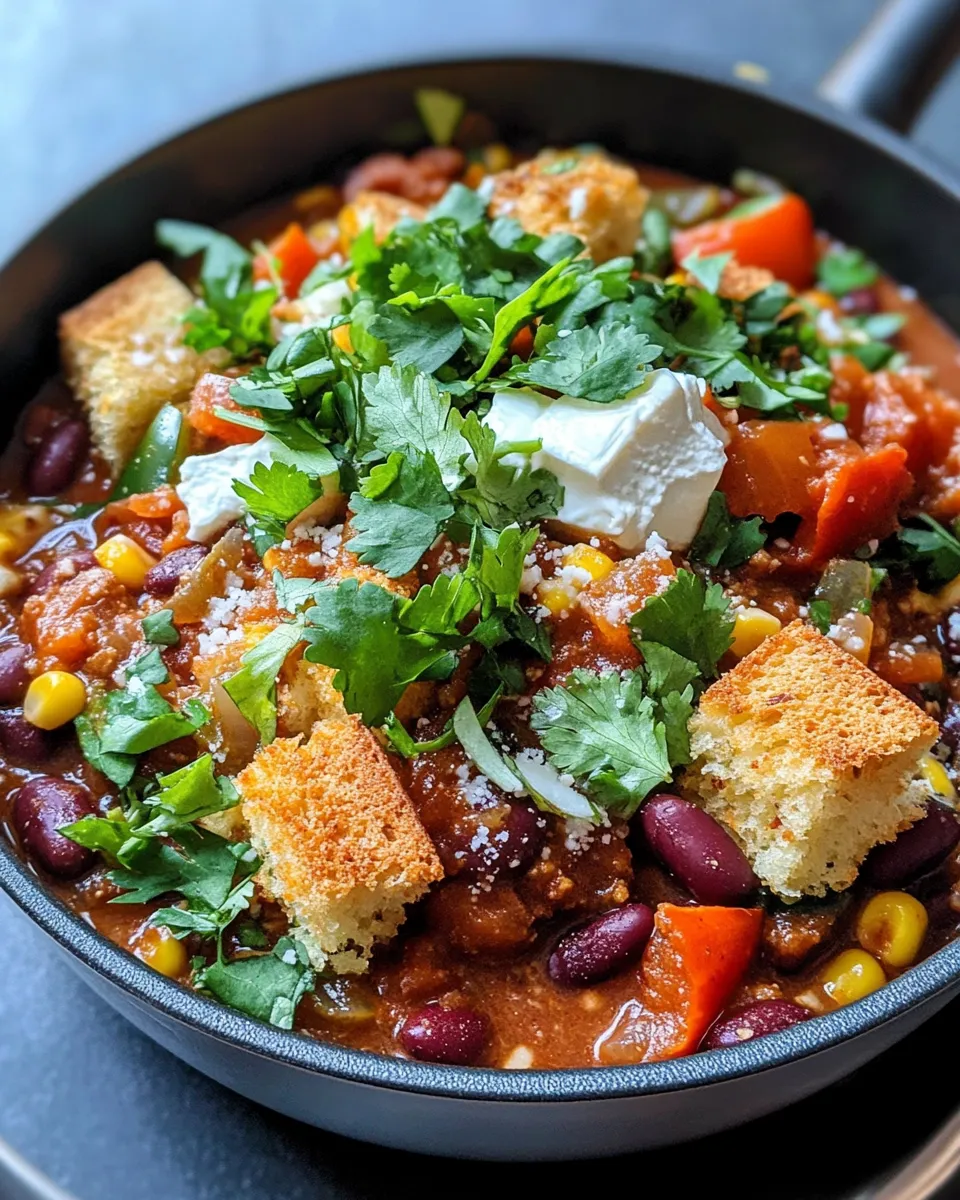Classic Skillet Vegetarian Chili with Cornbread Croutons image
