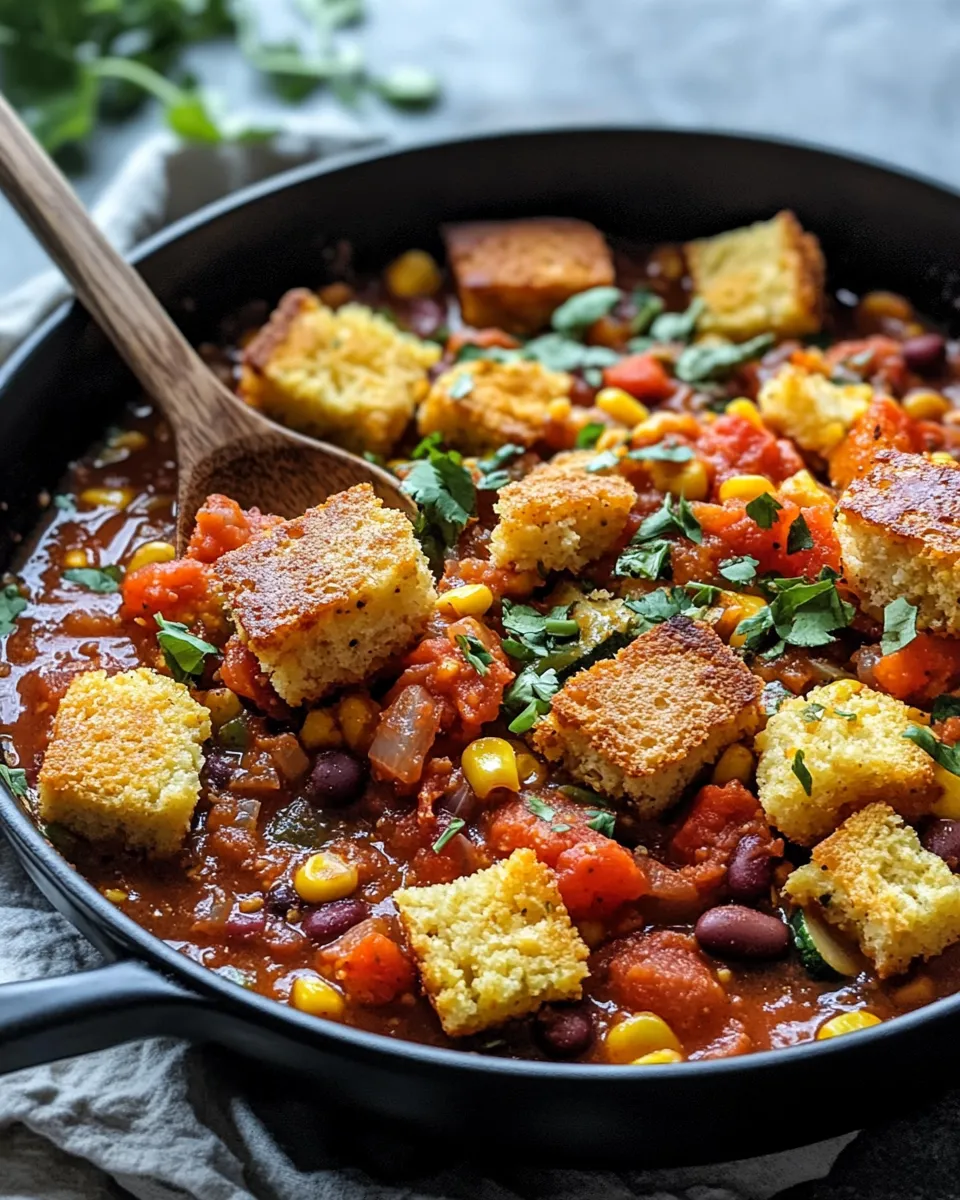 Easy Skillet Vegetarian Chili with Cornbread Croutons recipe photo