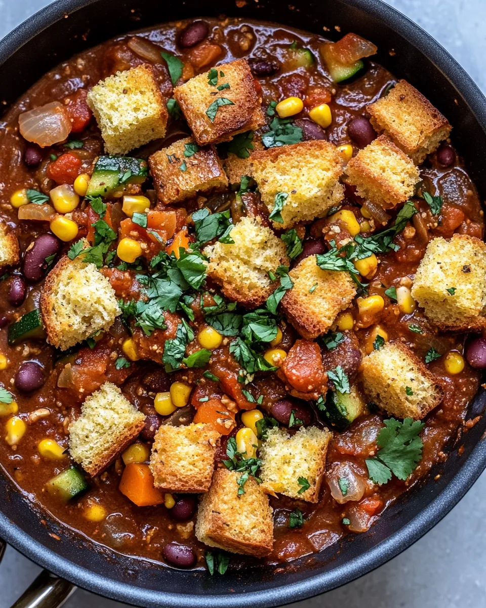 Delicious Skillet Vegetarian Chili with Cornbread Croutons dish photo