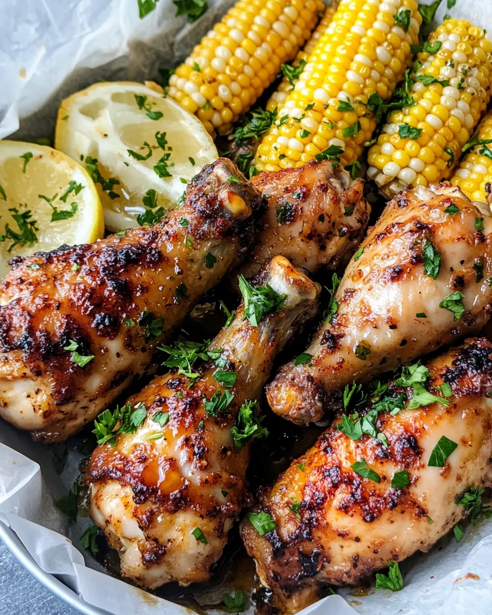 Easy Spicy Honey Mustard Chicken Drumsticks & Corn on the Cob food shot