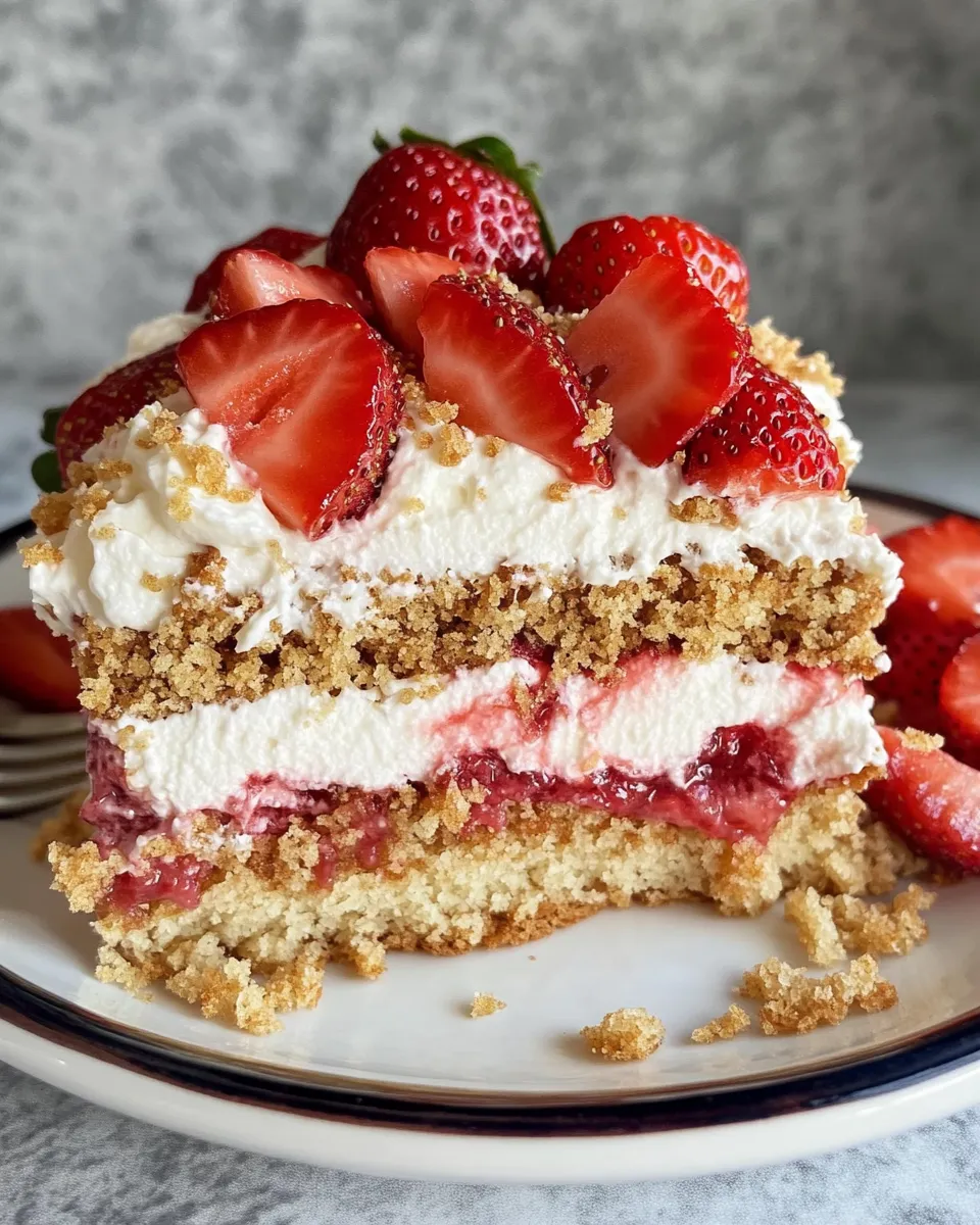 Quick Strawberry Crunch Cake with Strawberry Drizzle food shot