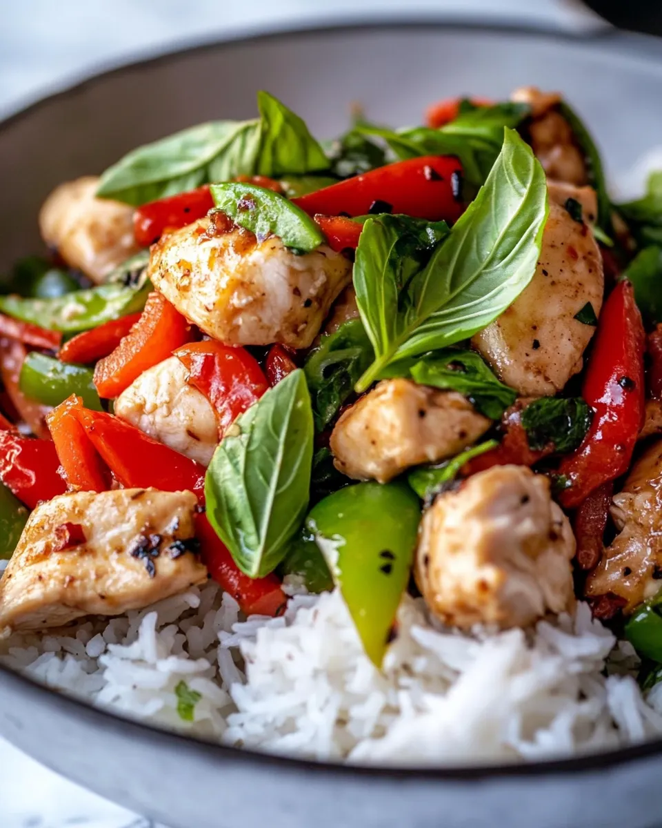 Delicious Thai Basil Chicken Stir-Fry with Peppers food shot