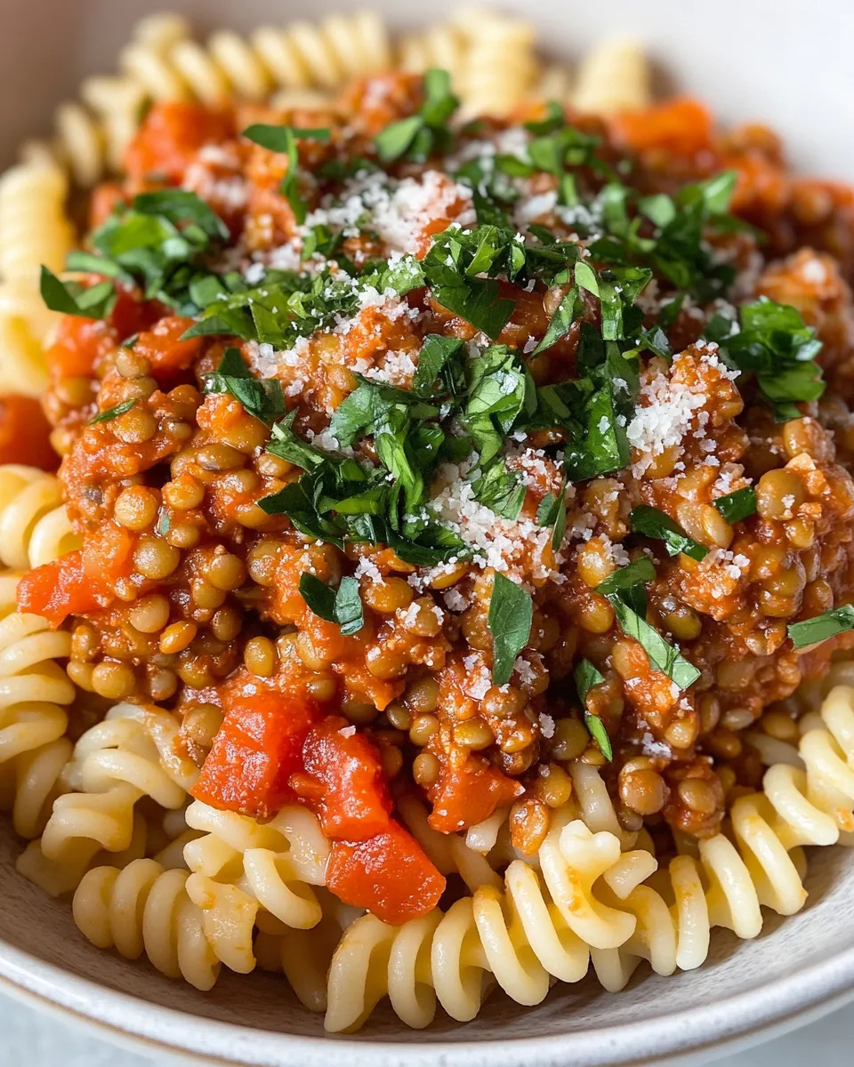 Easy Vegan Lentil Bolognese over Fusilli food shot